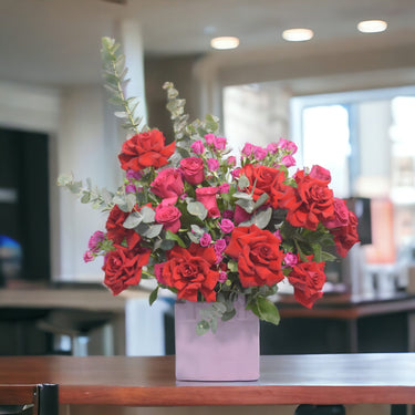 Red Roses, Pink Spray Roses, Ceramic Vase, Classic Arrangement, Eucalyptus